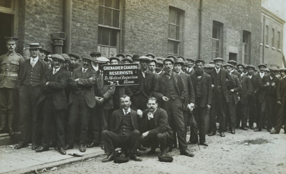 Grenadier Guards reservists queueing to re-enlist; 1914